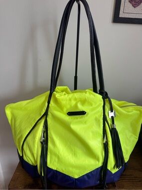 Amiee Kestenberg Neon Yellow and Navy Large Tote Bag with Black Handle
